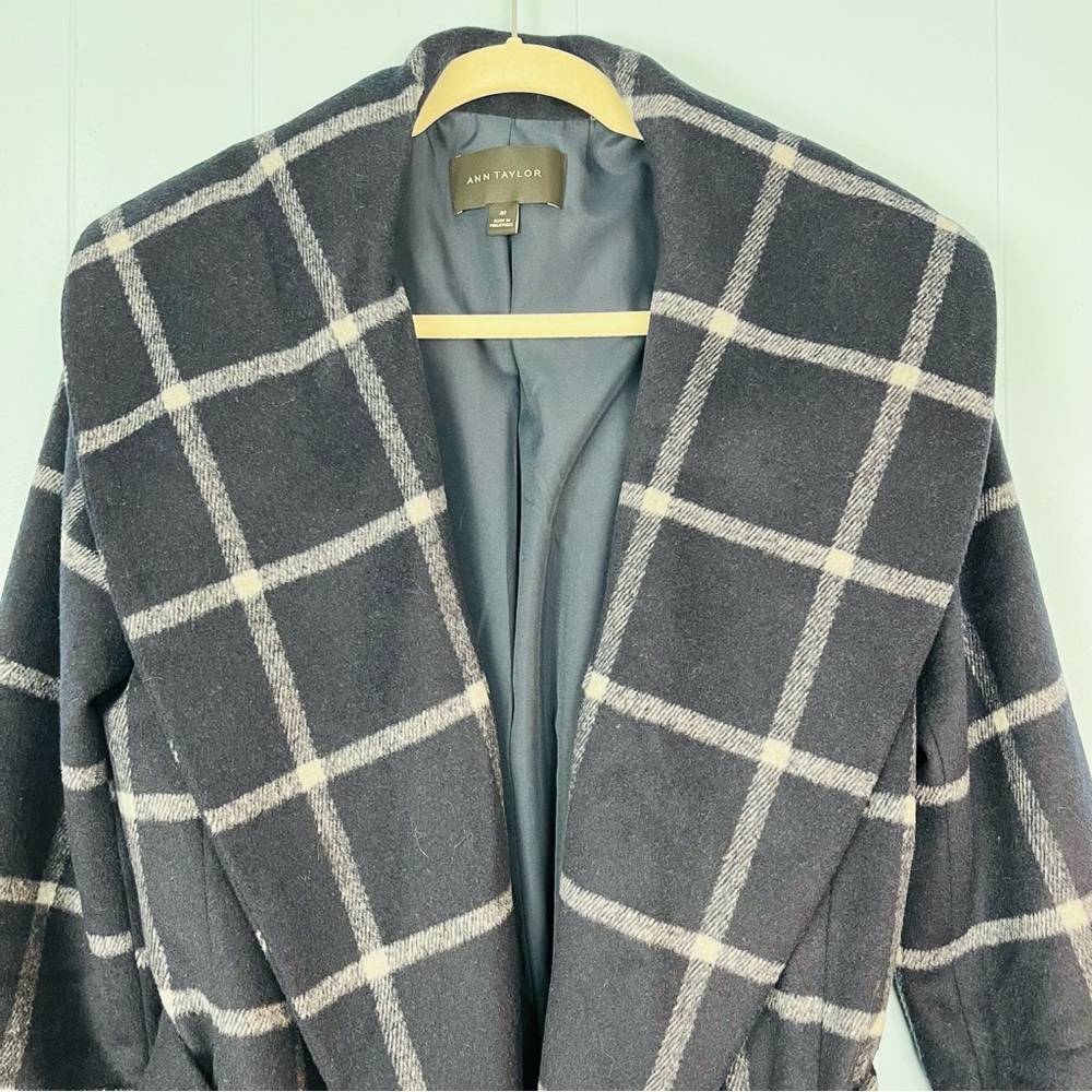 Ann Taylor Sz Medium Tall MT Window Pane Navy Blue Plaid Wrap Wool Long Coat - Picture 2 of 8